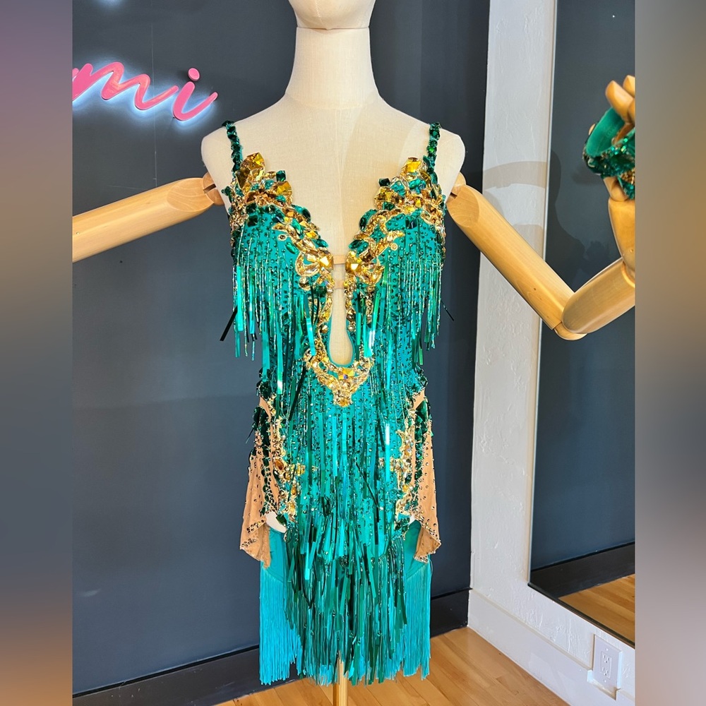 Emerald Green Latin Dance Dress with Crystals – Custom Made